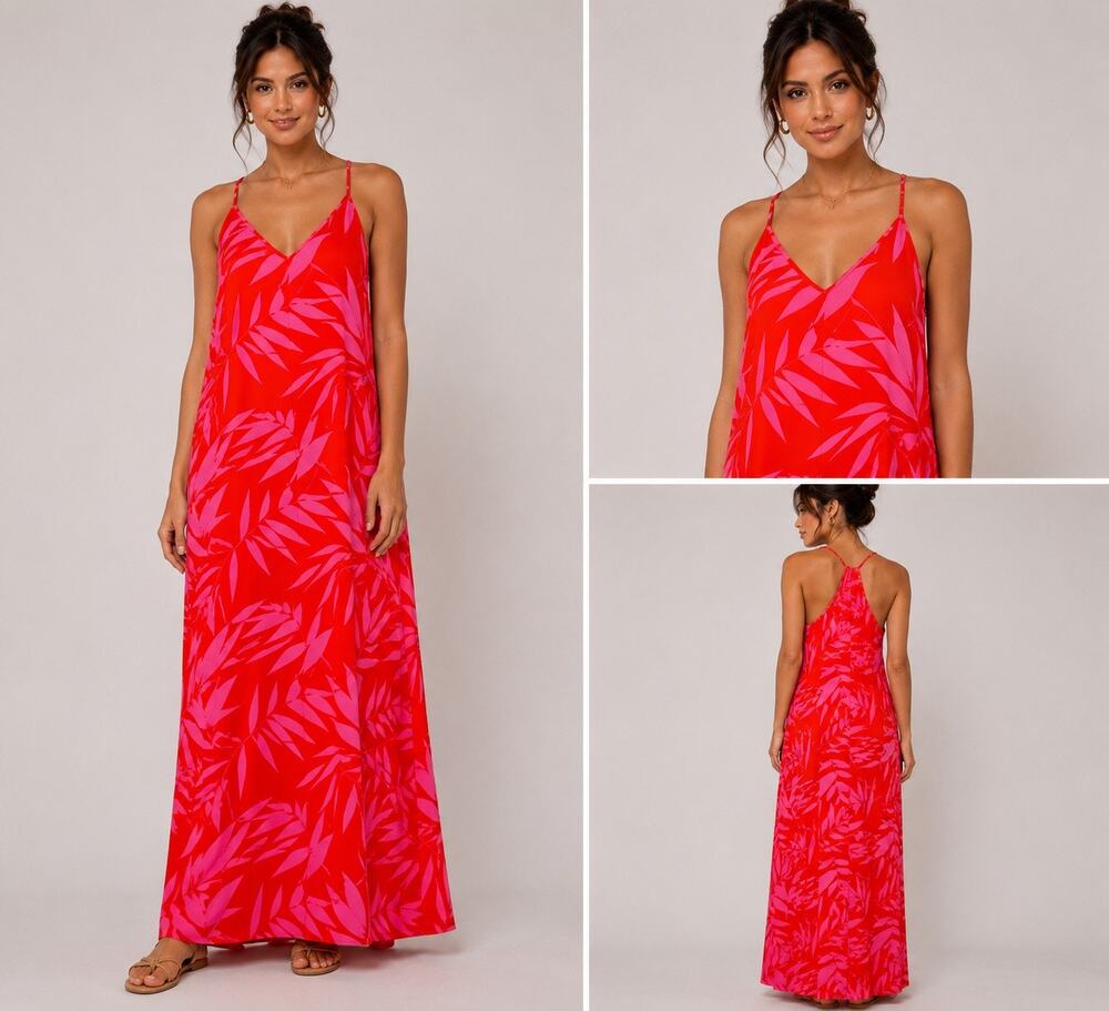 Tyche Maxi Dress Tropical Leaf Print Red Pink Sleeveless Racerback Sz M